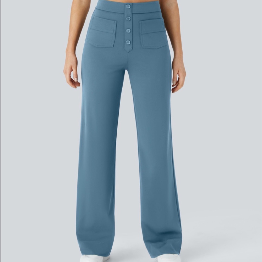 Halara Wide Leg Button-Front Pants in Warm Mid Blue